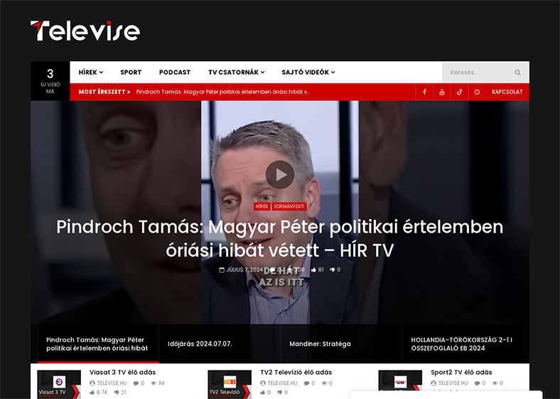 A televise.hu nyitóoldala